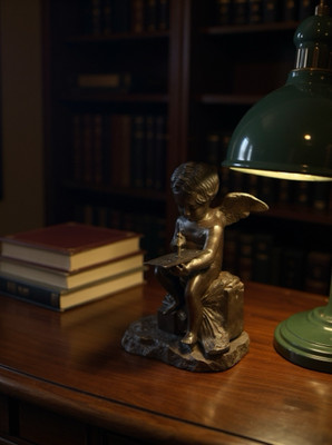 Vintage Bronze Cherub Angel Figurine Statue 8'' Writing on Tablet Memory Book