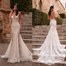 Luxury Lace Wedding Gowns Pearls Scoop Neck Applique Sweep Train Mermaid Bridal