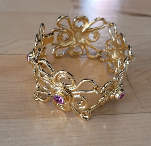 Vintage rosa Strass goldfarben Blumen Box Kette Gliederarmband 7,5" - Bild 3 von 15