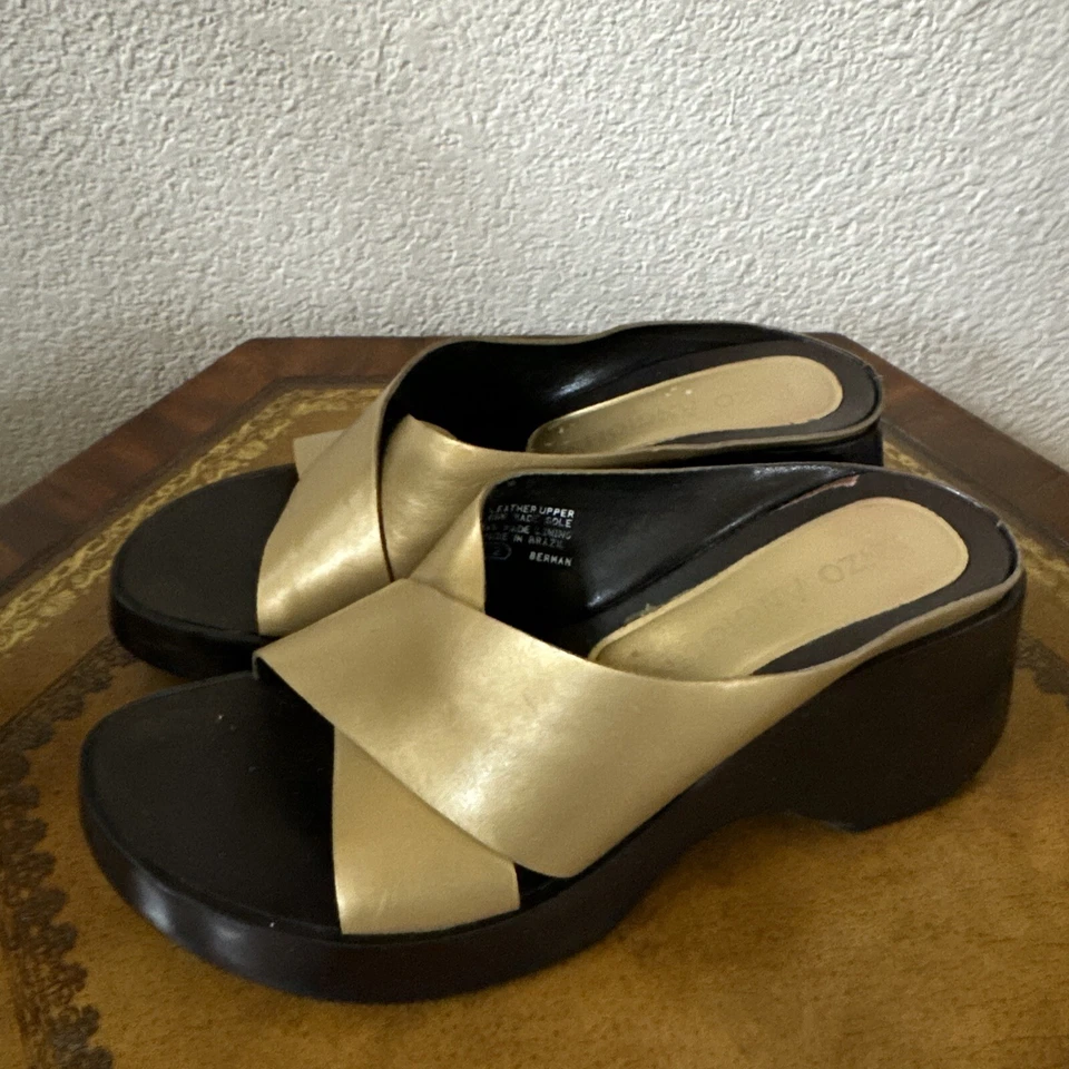 Sandalias de plataforma Y2K Enzo Angiolini para mujer de cuero marrón dorado tacón grueso talla 8 Foto 2 de 4