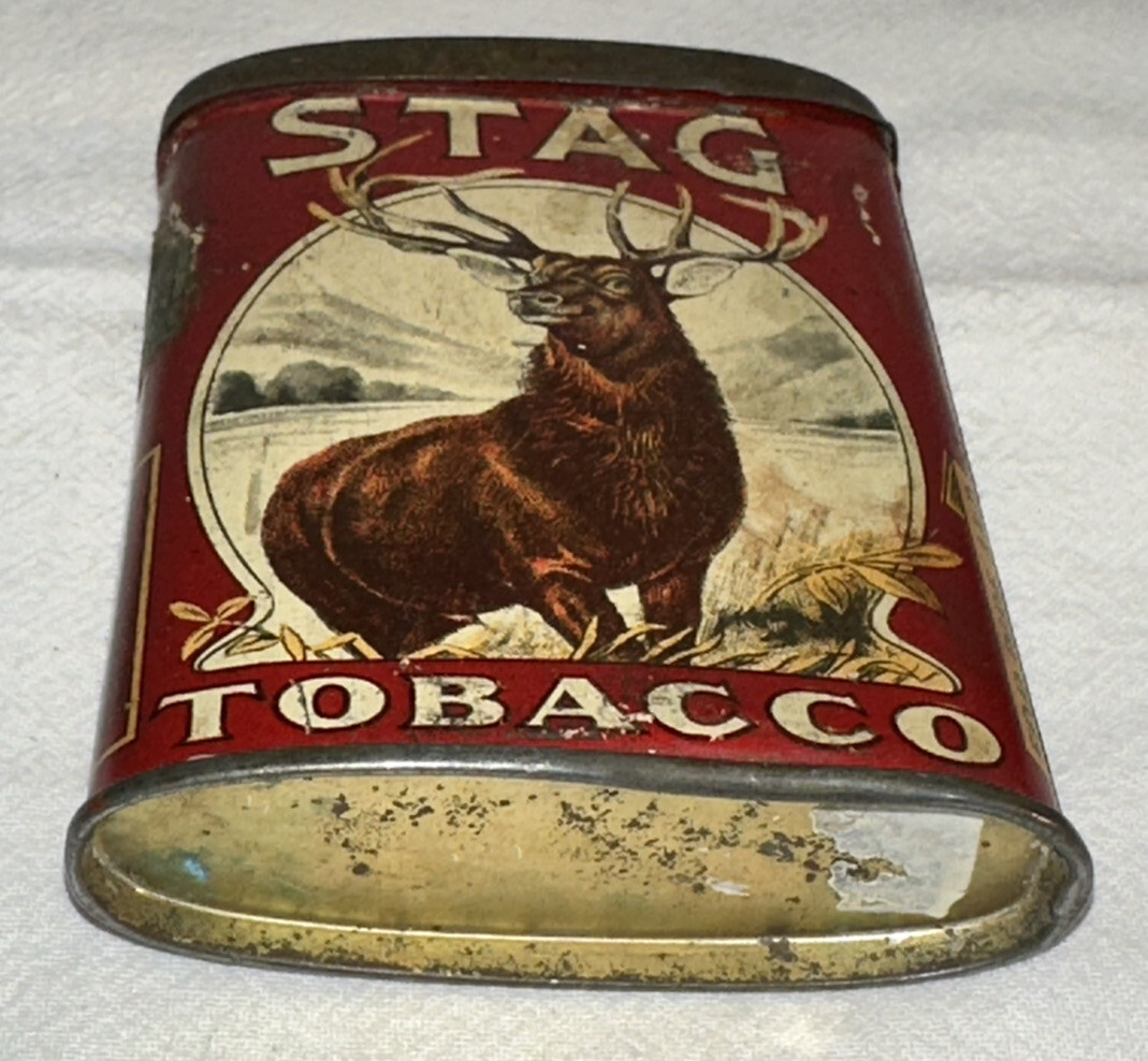 ANTIQUE STAG TIN LITHO TOBACCO VERTICAL POCKET CAN DEER ELK COUNTRY