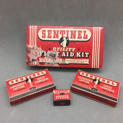 Sentinel Utility First Aid Kit Tin w/ Gauze & Plaster Box Vintage Forest City OH