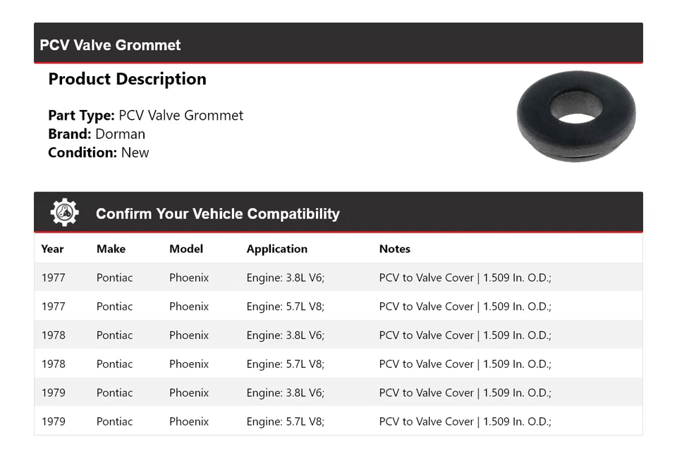 Клапанный люверс для Pontiac Phoenix Dorman 1977-1979 годов выпуска 1978 - Изображение 2 из 4