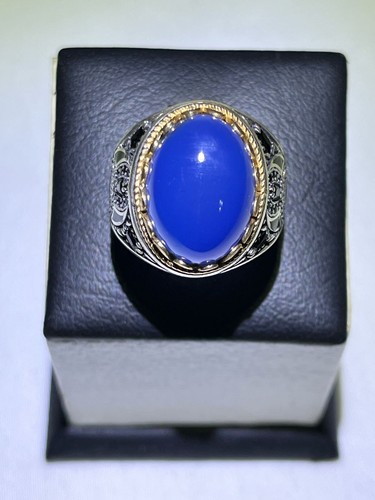 Luxury Men 925 Silver Ring Genuine Yemen Aqeeq Handmade design عقيق ازرق نوادر - Picture 2 of 13