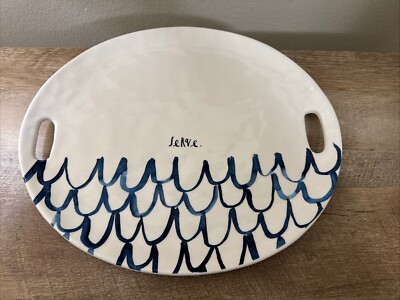Rae Dunn SERVE Platter White Blue Ceramic Oval Serving Tray Plate Nautical