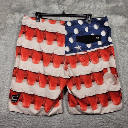 O'Neill Board Shorts Mens 42 Beer Pong Red Solo Cup Red White Blue Swim Trunks - Picture 7 of 10