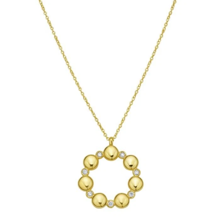 Collar de cadena de cable de 18" colgante circular cuentas redondas de oro amarillo de 14k 2,4 gr .05ctw