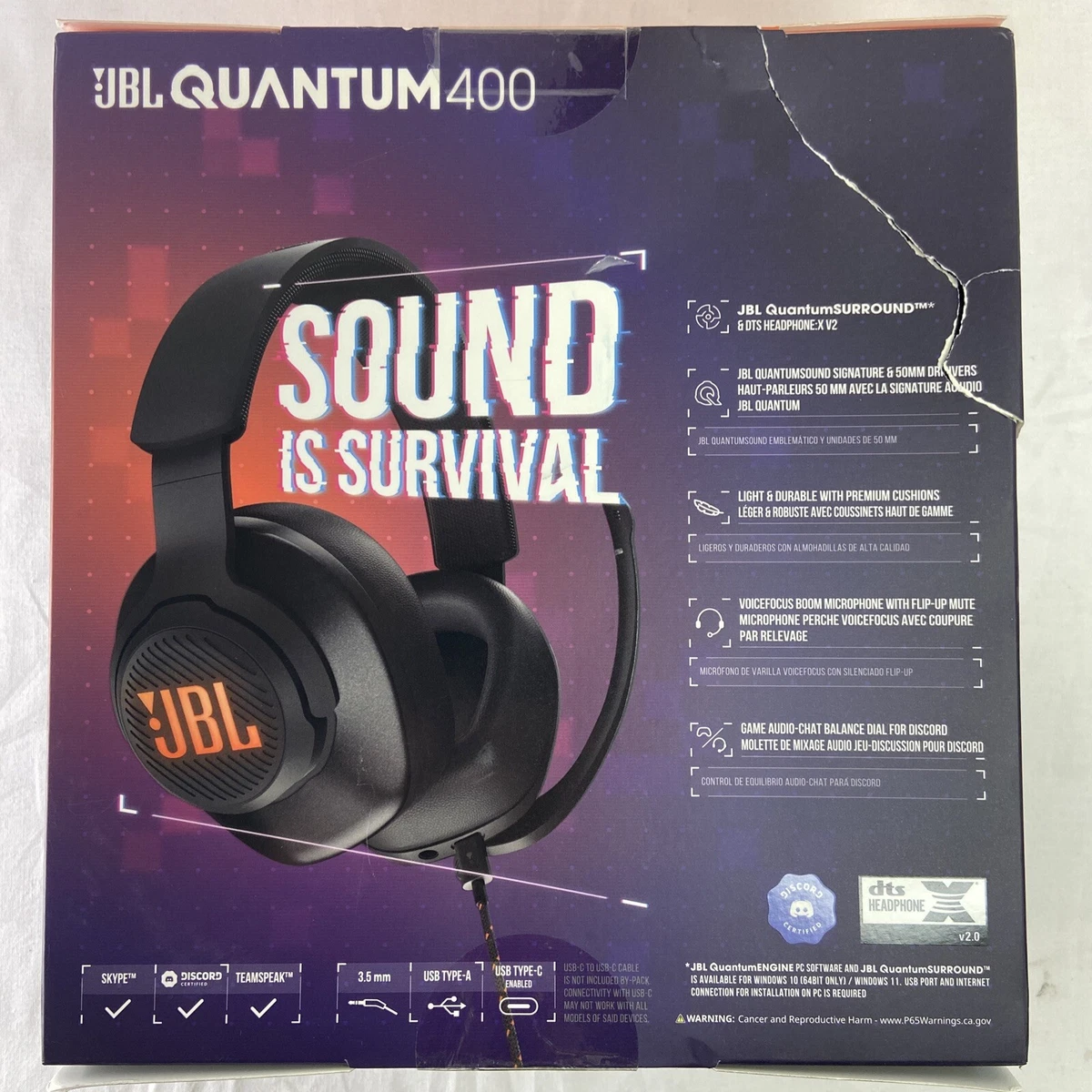 JBL Quantum 400 Wired Gaming Over-Ear Headphones, Black - NEW, Box Damage