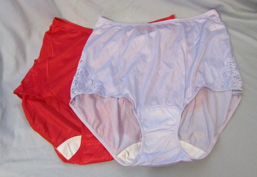 Shadowline 100% Shiny Nylon and Lace Brief Panty 2pr NWOT Size 7 Lilac and Red