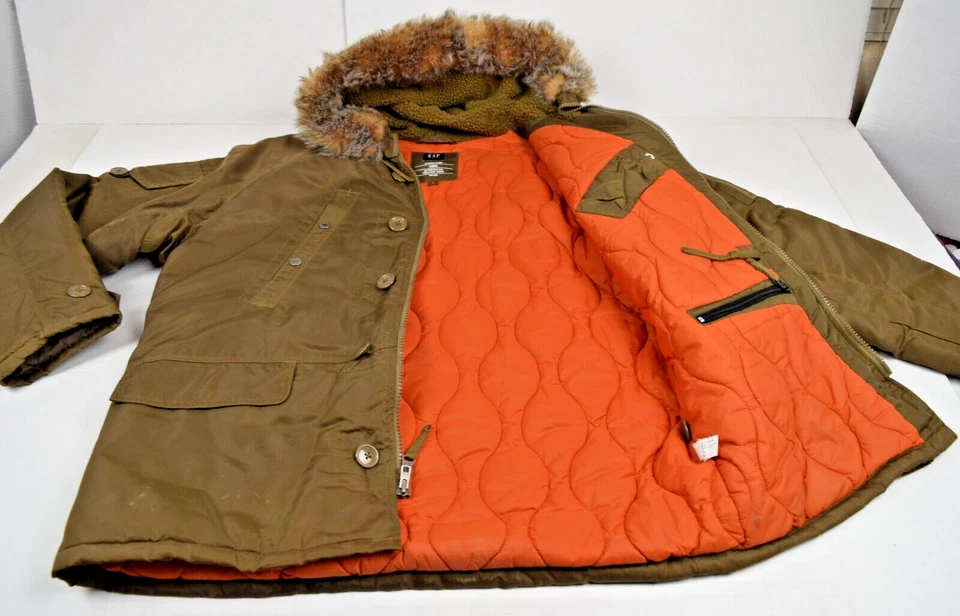 Abrigo Gap Vintage Talla L 00s Verde Militar Imitación Piel Capucha Edredón Naranja Forrado 2003 Foto 4 de 4