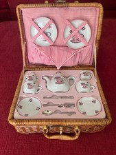 Mudpie Miniature Porcelain Tea Set with Wicker Basket 21Pc Butterfly Tea