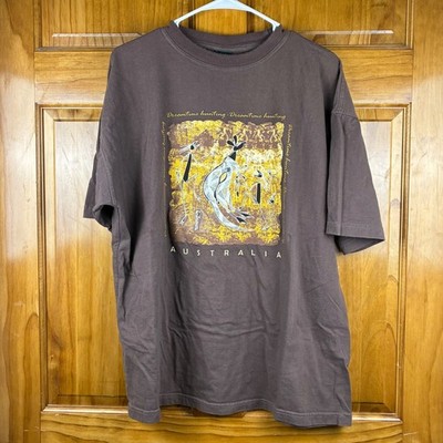 Vtg G'day Australia Dreamtime Hunting T-Shirt Mens XL Brown Aboriginal Art