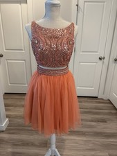 Sherri Hill Peach Beaded Sequined Tulle Short Sleeveless A-Line Dress Size 4