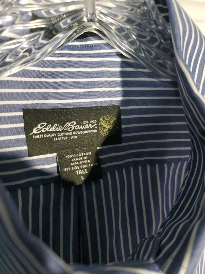 Eddie Bauer Dress Shirt Mens Tall L Blue Strip Wrinkle Resistant Relax Button Up - Image 2 of 4