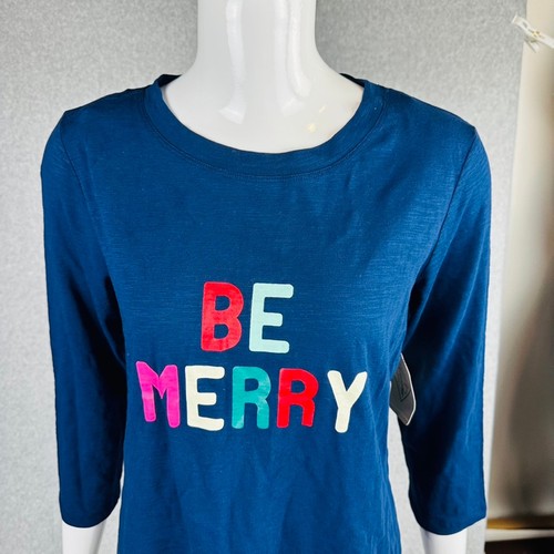 New St John's Bay Womans Sz Small Shirt Blue Be Merry 3/4 Sleeve Stretch NWT - Picture 3 of 7