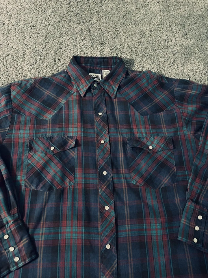 Shirt Mens Large Blue Green Red Plaid Western Pearl Snap Cowboy Basic Editions - Image 2 of 4