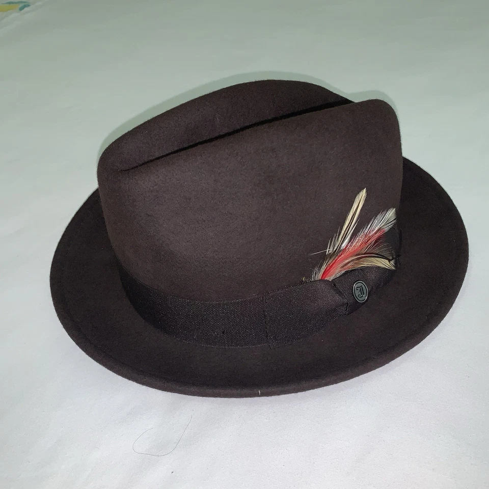 Chapéu masculino estilo Fedora Jaxon Homburg Godfather 100% lã feltro marrom escuro grande - Imagem 3 de 4