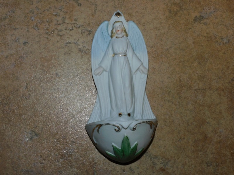 ANTIQUE VINTAGE GERMAN CERAMIC BISQUE ANGEL HOLY WATER FONT