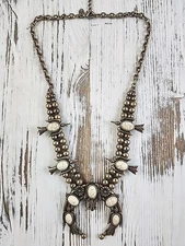 Charming Charlie Squash Blossom Statement Necklace Bronze Tone White Beads (B1)