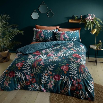 Catherine Lansfield Bettwäsche Tropische Blumen Vögel King Bettbezug Set