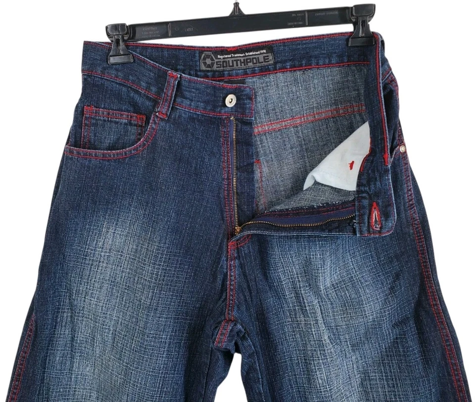 Pantalones Cortos de Jean Southpole Azul Para Hombre 32x32 Denim Sueltos Rojo Costuras Patinaje Hip Hop Foto 4 de 4