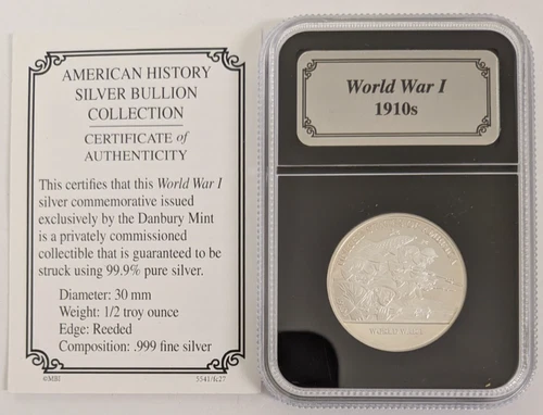 1910s US World War I Danbury Mint 1/2 oz 999 FINE Silver art round + COA