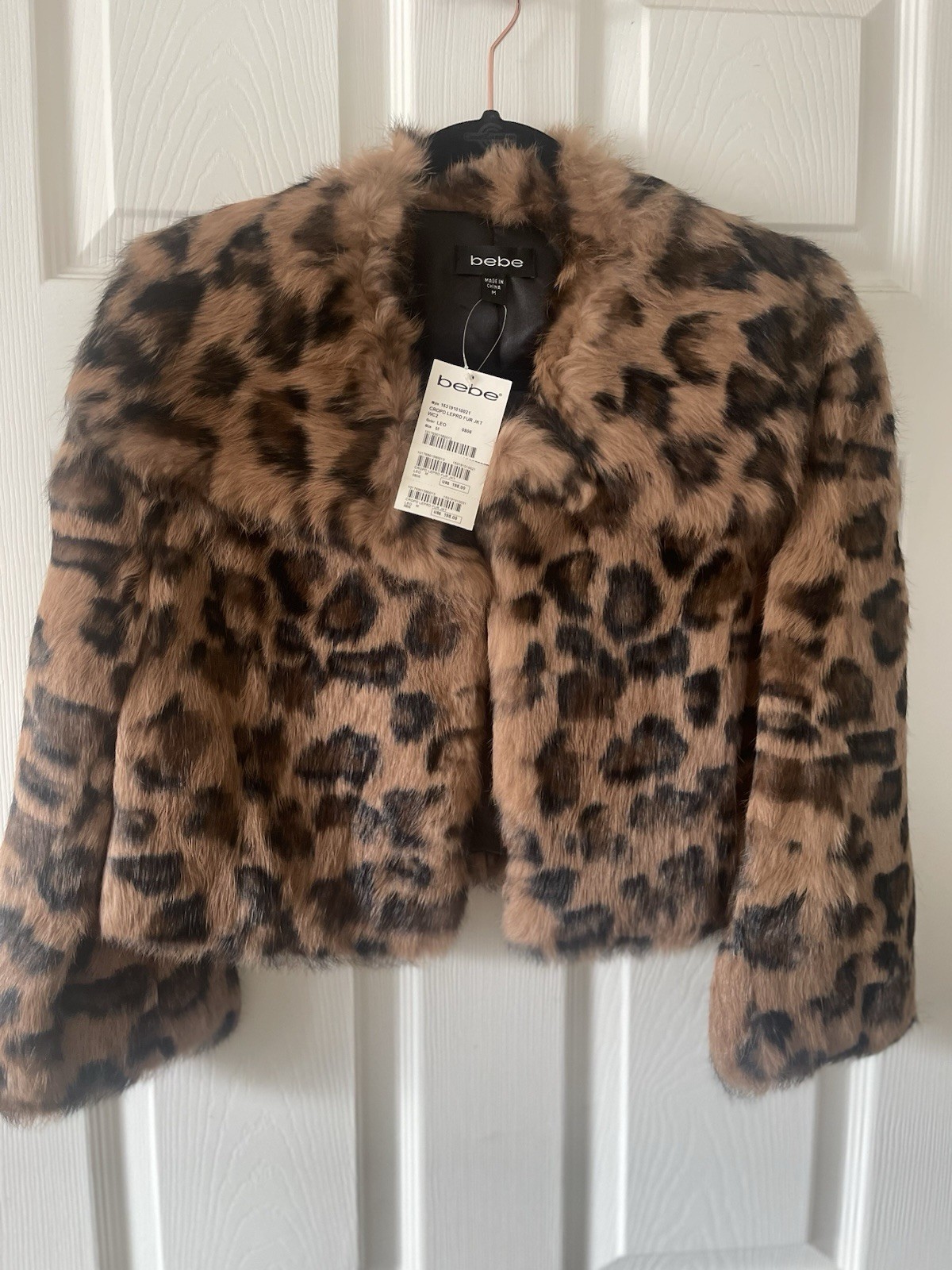 BNWT Bebe Leopard Print Rabbit Fur Cropped Bolero Jacket Size Medium