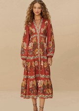 Farm Rio Red Garden Delight Long Sleeve Midi Dress