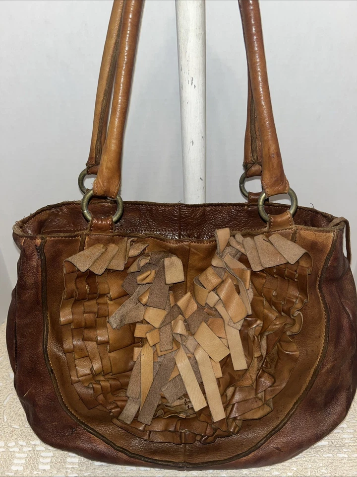 Bolso Hobo Grande Lucky Penny Anthropology Cuero Flecos Tela Estampada Forrado Foto 3 de 4