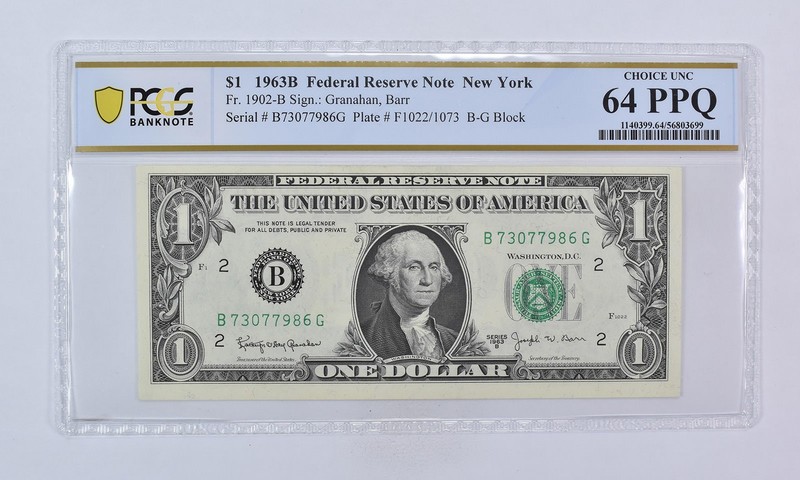 1963 B $1 New York NY FRN Fr#1902-B Choice Unc 64 PPQ PCGS Barr *3146