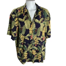 Paradise Found Vtg Hawaiian Aloha Shirt 2XL Floral Flowers Black Yellow Green