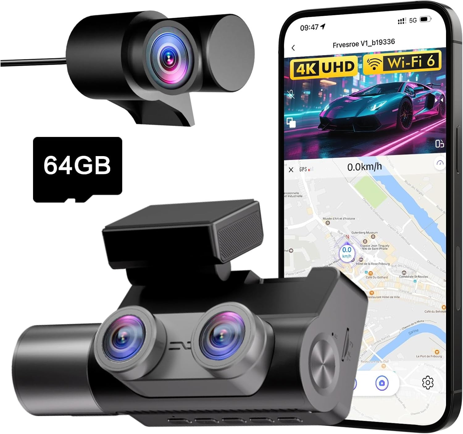 Dashcam voiture 3 canaux 4K UHD avec camera surveillance habitacle et arriere grand angle