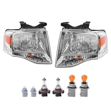 Headlights w/Bulbs For Ford Expedition 2007-2014 Chrome Amber Corner lamps Pair
