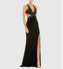 NWT Mac Duggal 68166 Sequin Sheath Criss Cross Bodice Gown Black Size 10