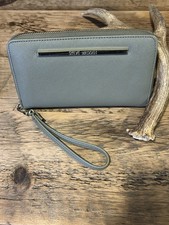 Steve Madden Zip Around Wristlet Wallet Olive Green Faux Leather Gold Accent New