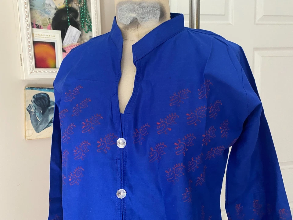 SHRISHTI Indian BLUE Red Paisley Bohemian Kurta KAFTAN Tunic *X-LARGE* B109 - Image 2 of 4