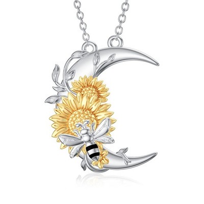 Sunflower Necklace for Women with Cute Bee and Half Moon Sterling Silver Pend...
