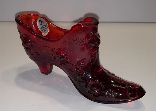Fenton Glass Slipper Shoe Ruby Red Cabbage Rose Pattern Victorian Design