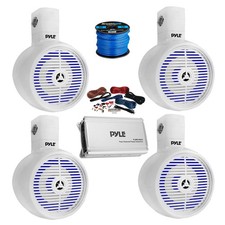 4x Pyle 6.5" 200W Marine LED Wakeboard Tower Black Speakers, Amp w/Kit, Wire