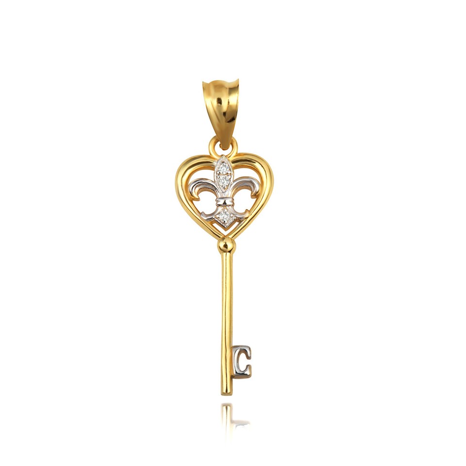 Gold Fleur De Lis Key Heart Pendant Necklace eBay