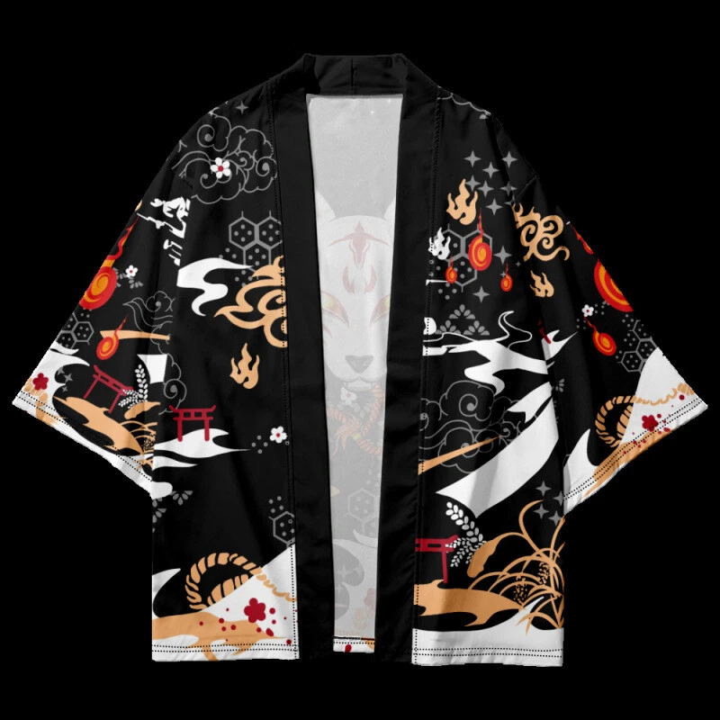 Herren Japanische Kimono Mantel Aufdruck Vorn zu Öffnende Strickjacke 3/4, Lose - Bild 4 von 4