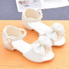 Kid Girls Shiny Sandal Glitter Shoes Rhinestone Bow Low Heel Stage Dancing Shoes