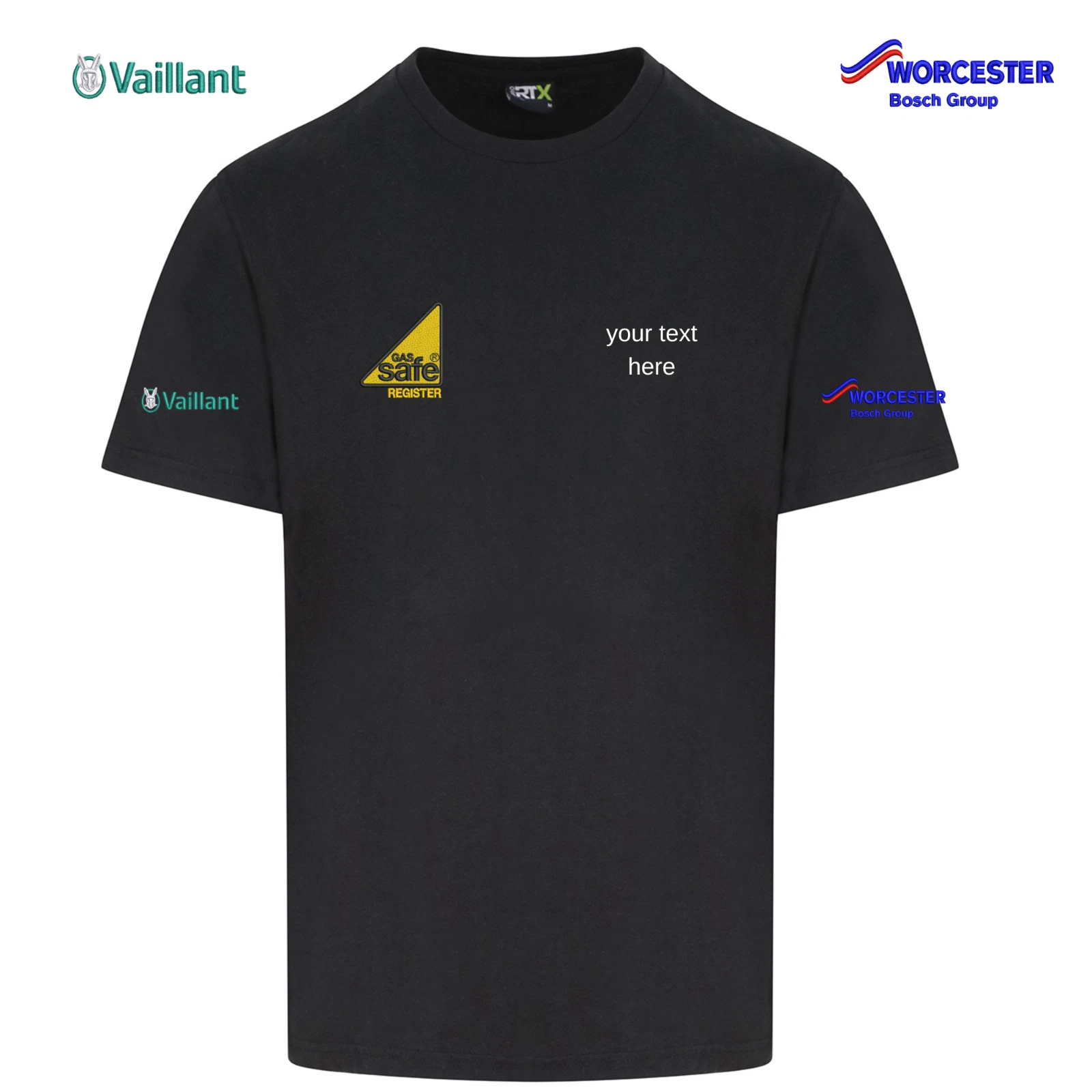 Gas safe t-shirt Worcester Bosch Vaillant embroidered company personalised tshir
