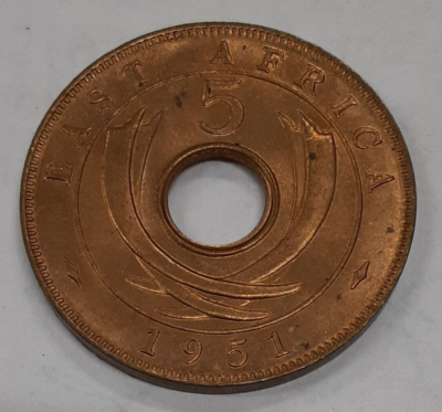 1951 East Africa 5 Cents George VI w/Center Hole - UNC Coin - See