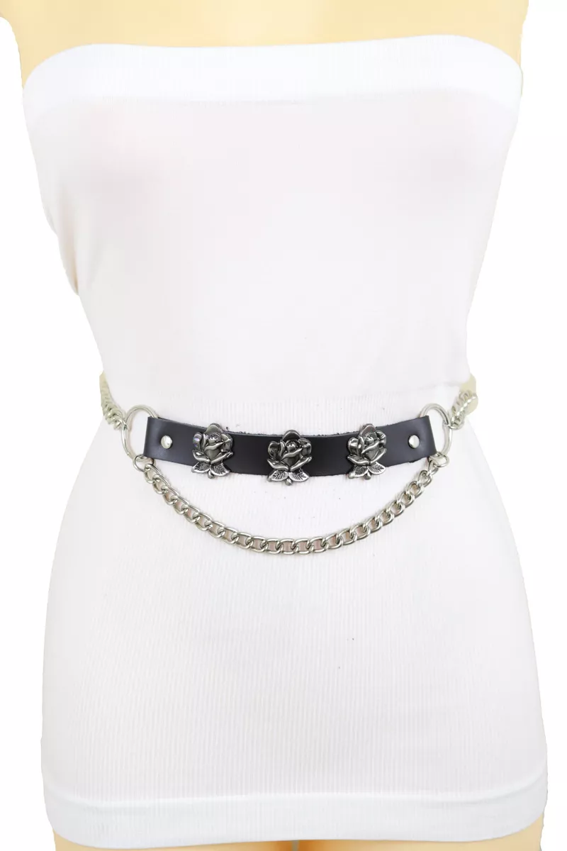 Women Silver Metal Chain Hip High Waist Belt Rose Flower Charms Plus Size  XL XXL