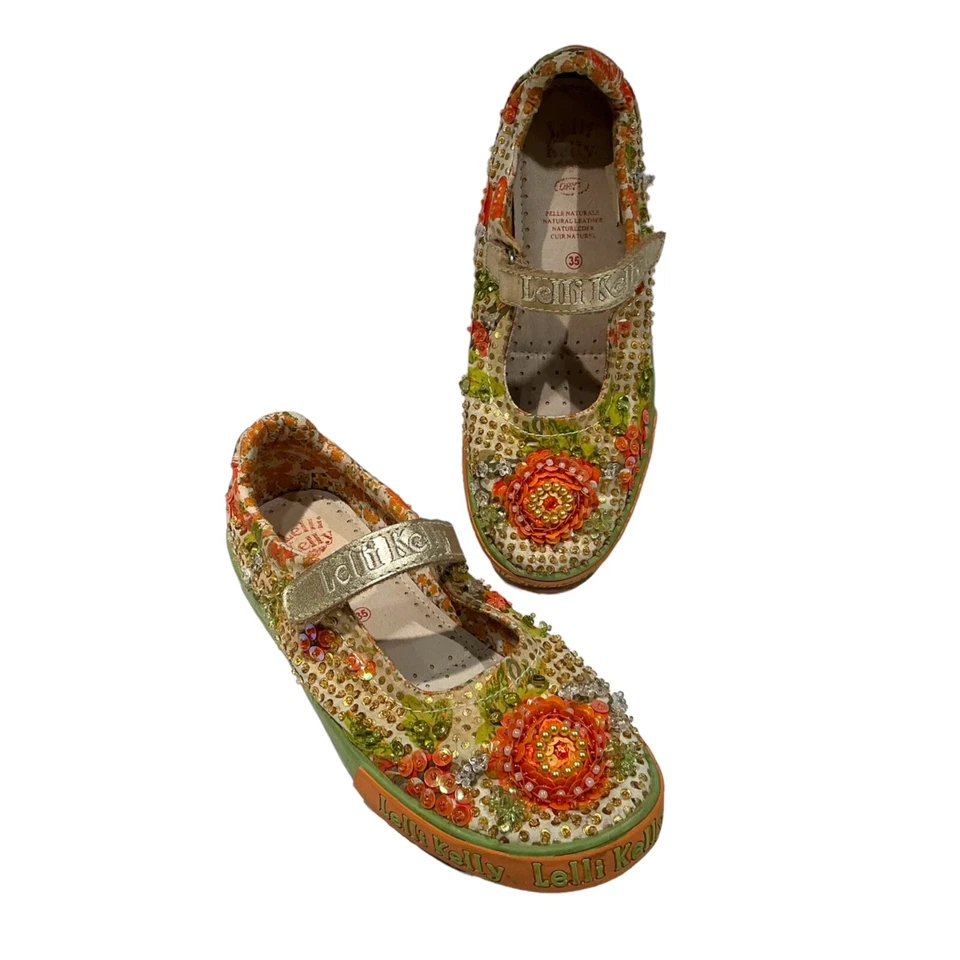 Sapatos femininos Lelli Kelly Boutique alça frisada Mary Janes 35 laranja verde floral - Imagem 4 de 4