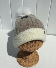 Winter Stretchy Two-Tone Brown/Cream Knit Faux Fur Pom Fleece Lined Beanie Hat C