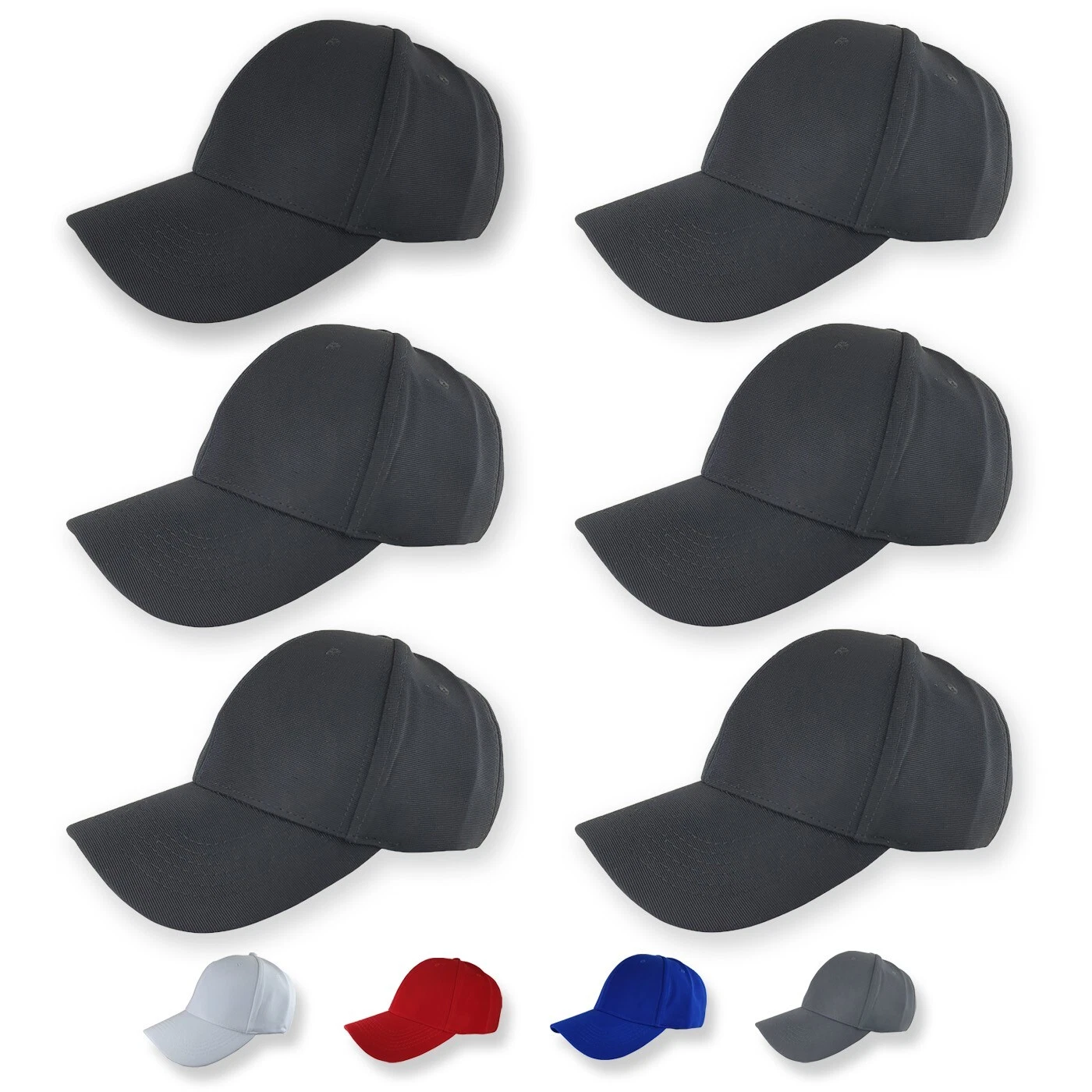6 Pack/Pcs Baseball Cap Plain Hat Curved Visor Adjustable Flexible Strap Bulk