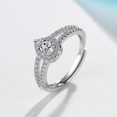 Sterling Silver Plated Pear CZ Zirconia Engagement Wedding Adjustable Ring R54