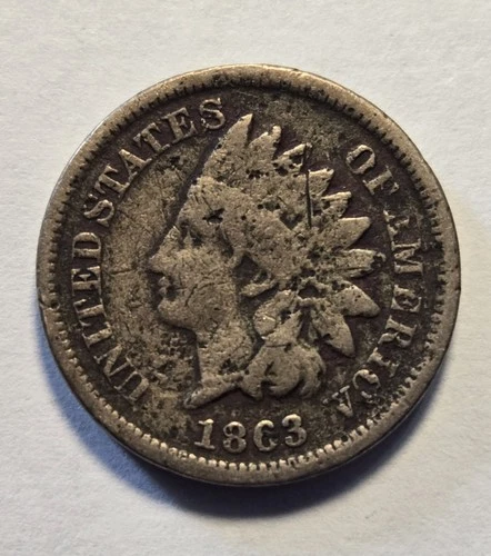 1863 Indian Head Cent 1c Penny, Very Good VG Details, Rim Ding- Exact Coin Shown